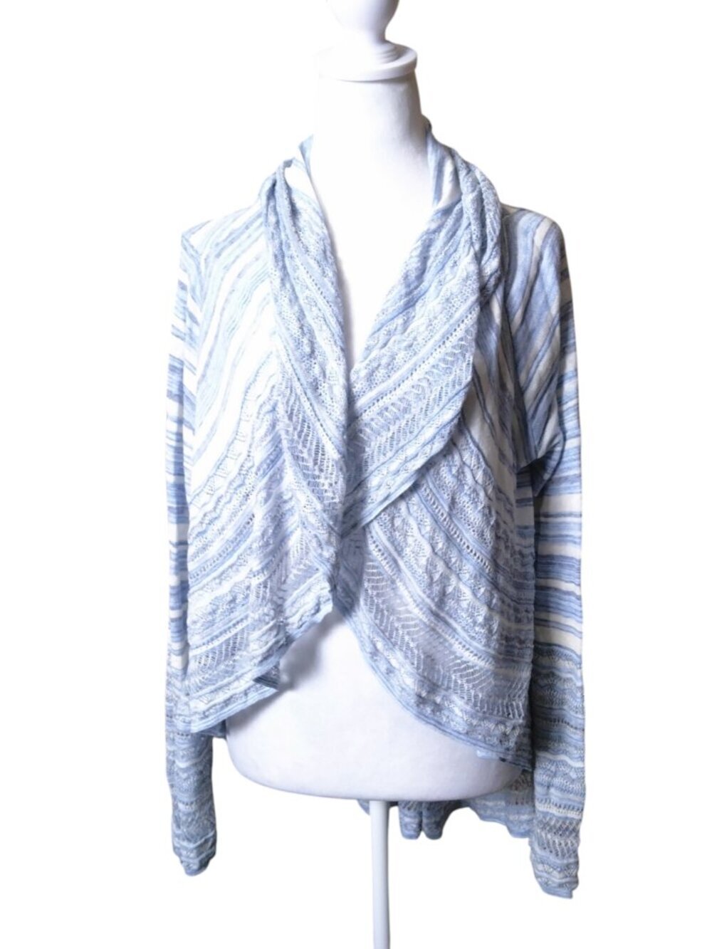 Knitted & Knotted Striped Blue and White Open Front Cardigan Sweater Size Large